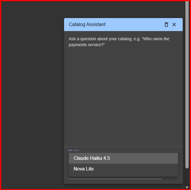 The Catalog Assistant chat panel — the model dropdown lists the Bedrock allowlist